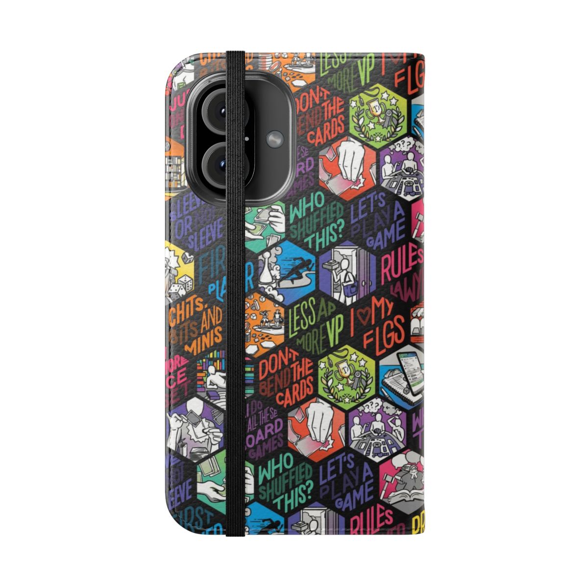 A hexagonal flip phone case with board game-inspired designs for the passionate tabletop gamer. - Folded Front