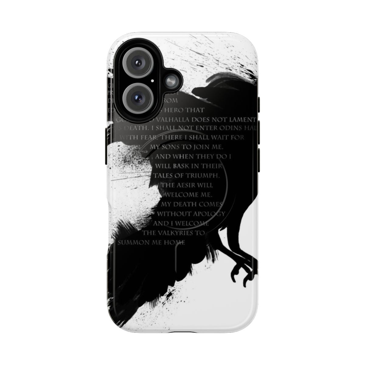 Magnetic phone case with a black and white illustration of a raven and inspirational quote, suitable for fans of Vikings and Norse mythology.