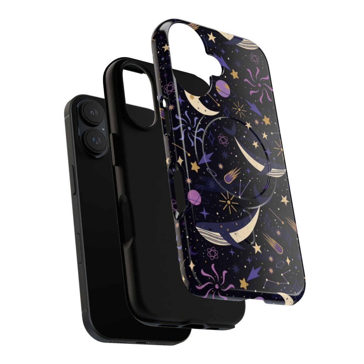 Close-up of a phone case with a design featuring whales, stars, and a cosmic space theme. - Layers