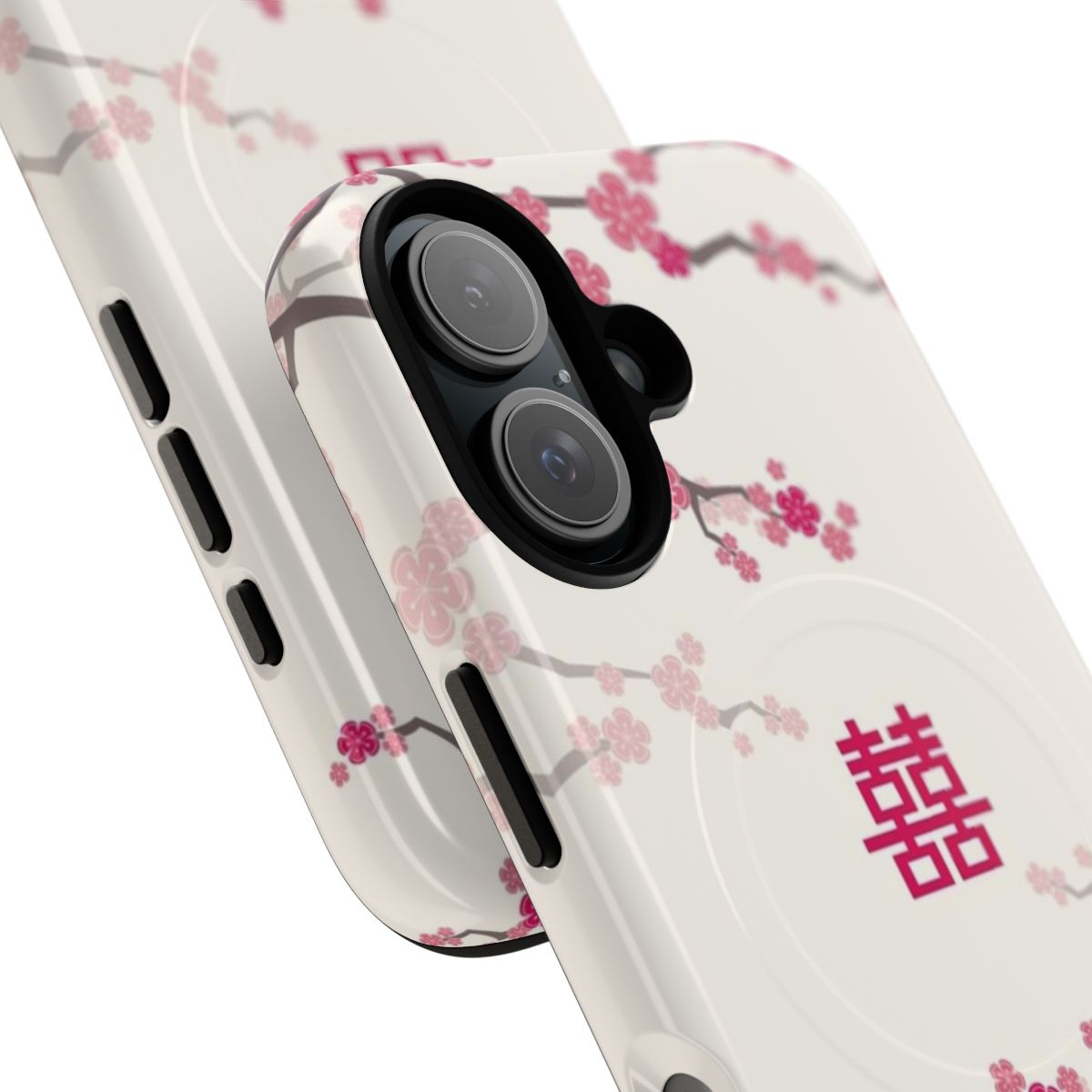 Fuchsia pink oriental cherry blossom phone case with Chinese wedding double happiness symbol - Detail