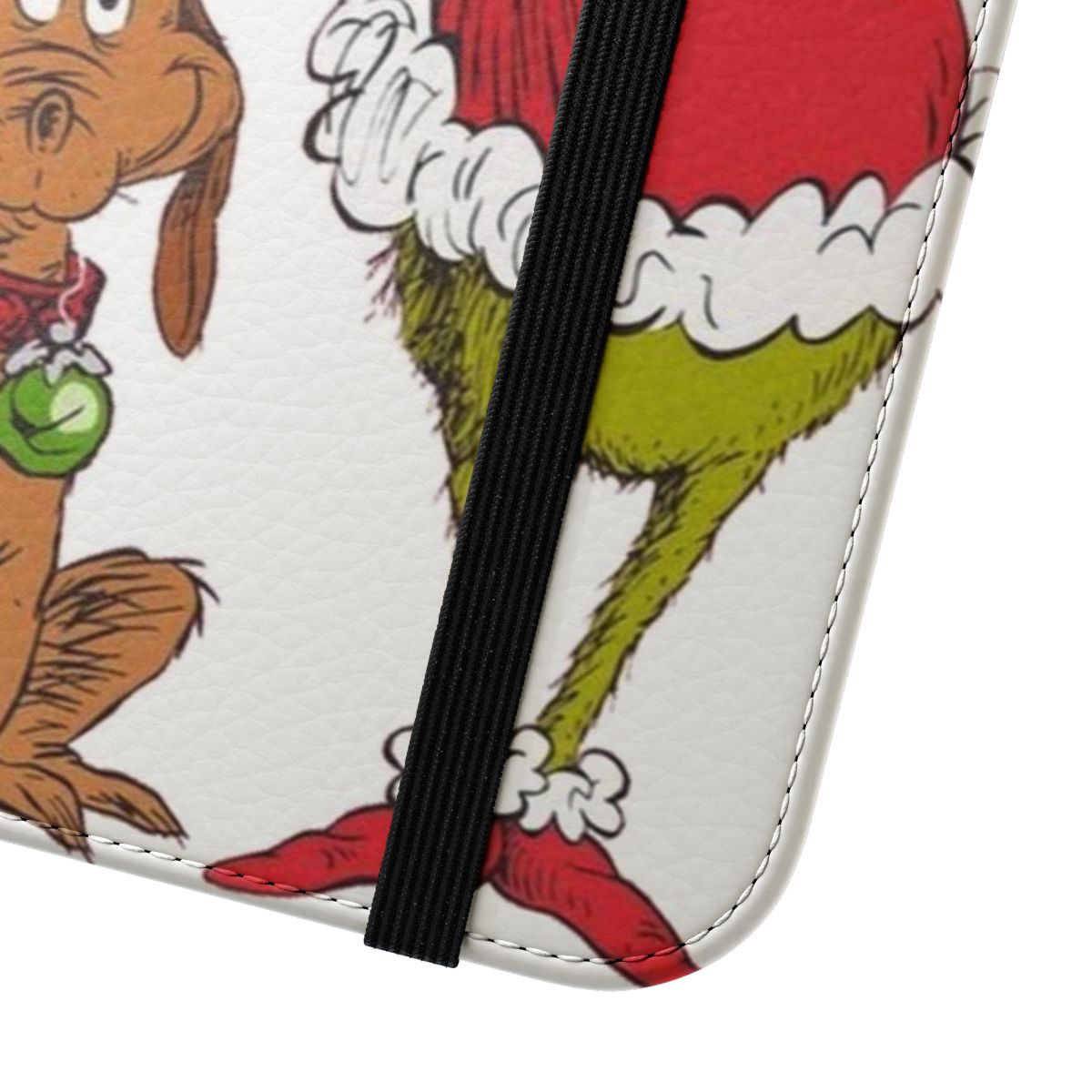 A flip cover phone case featuring the Grinch, a popular Christmas character. - Close Up