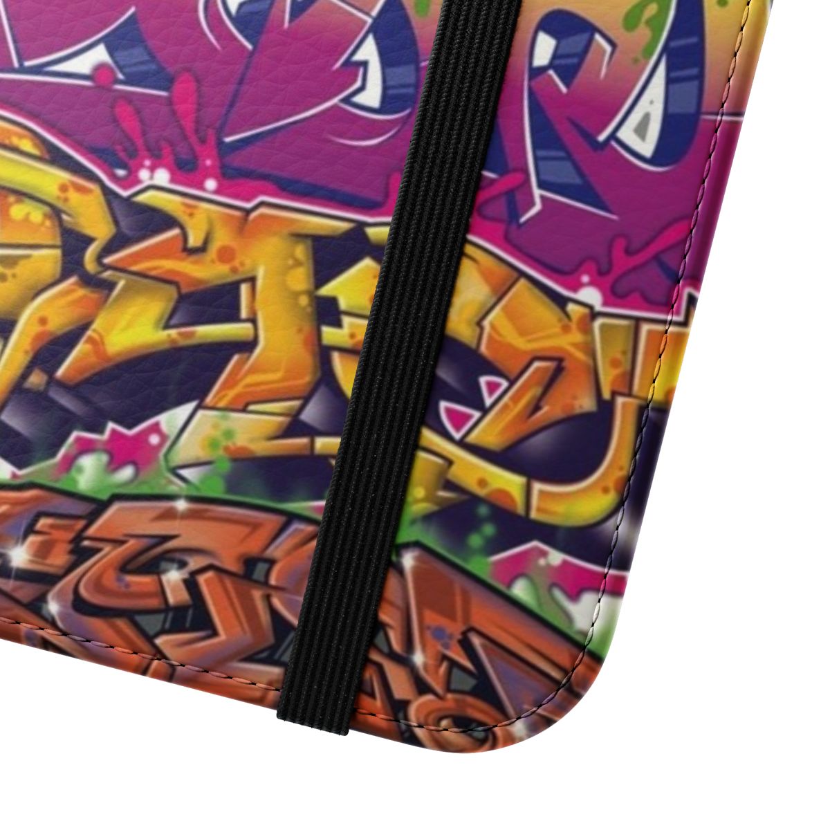 Colorful graffiti-inspired montage design on a flip cover phone case - Close Up