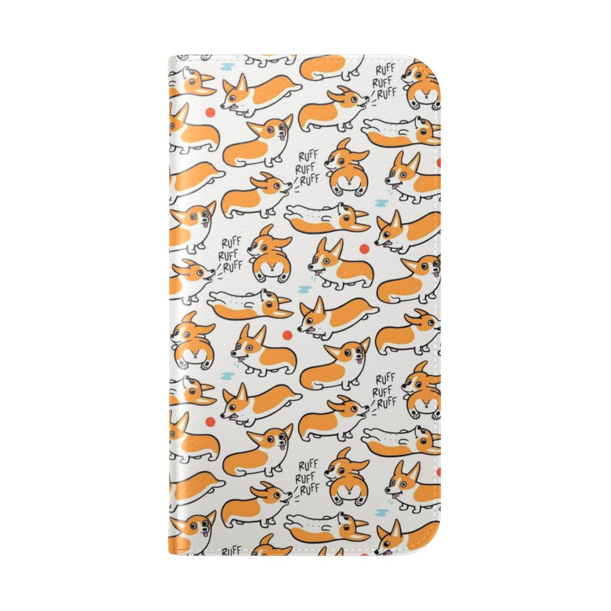 A colorful flip cover phone case featuring a repeating pattern of cute corgi dogs. - Folded Back