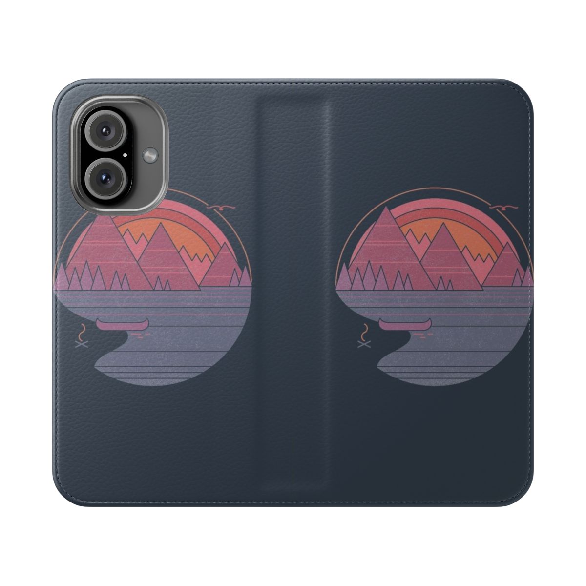 Flip cover phone case featuring a minimalist mountain landscape design in vintage pastel colors.