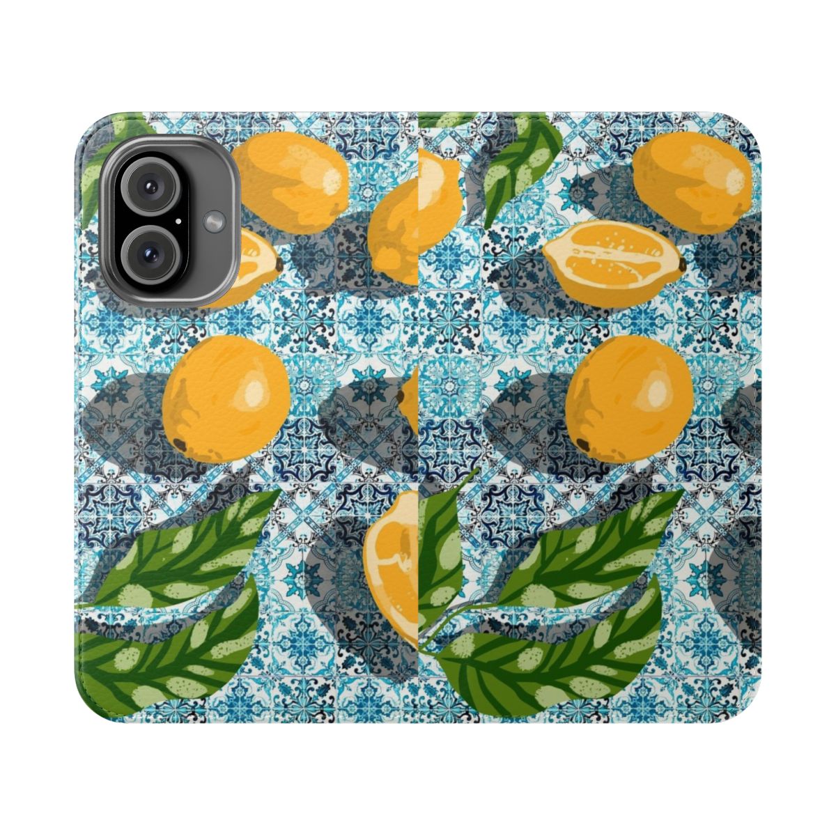 Colorful and eclectic phone case with a tropical lemon tile illustration in a bohemian style.