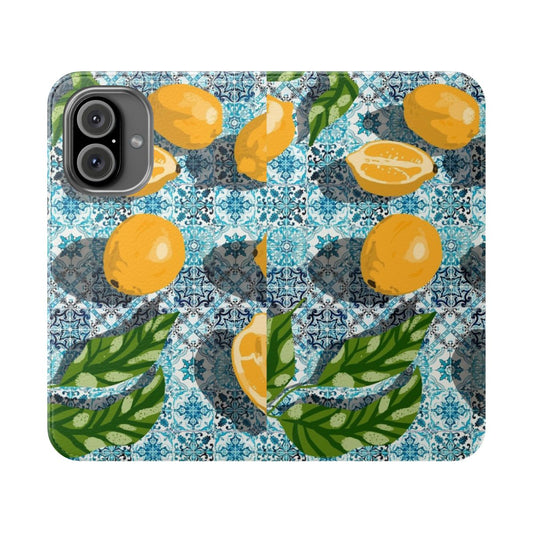 Colorful and eclectic phone case with a tropical lemon tile illustration in a bohemian style.