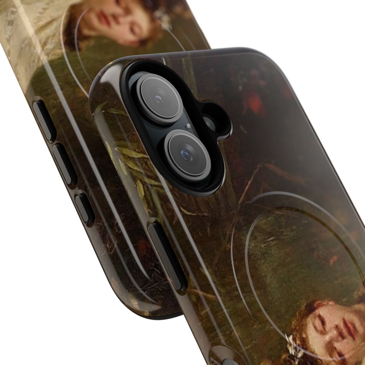 Ophelia magnetic tough phone case featuring a classical renaissance painting of a woman in a pond surrounded by flowers and nature - Detail