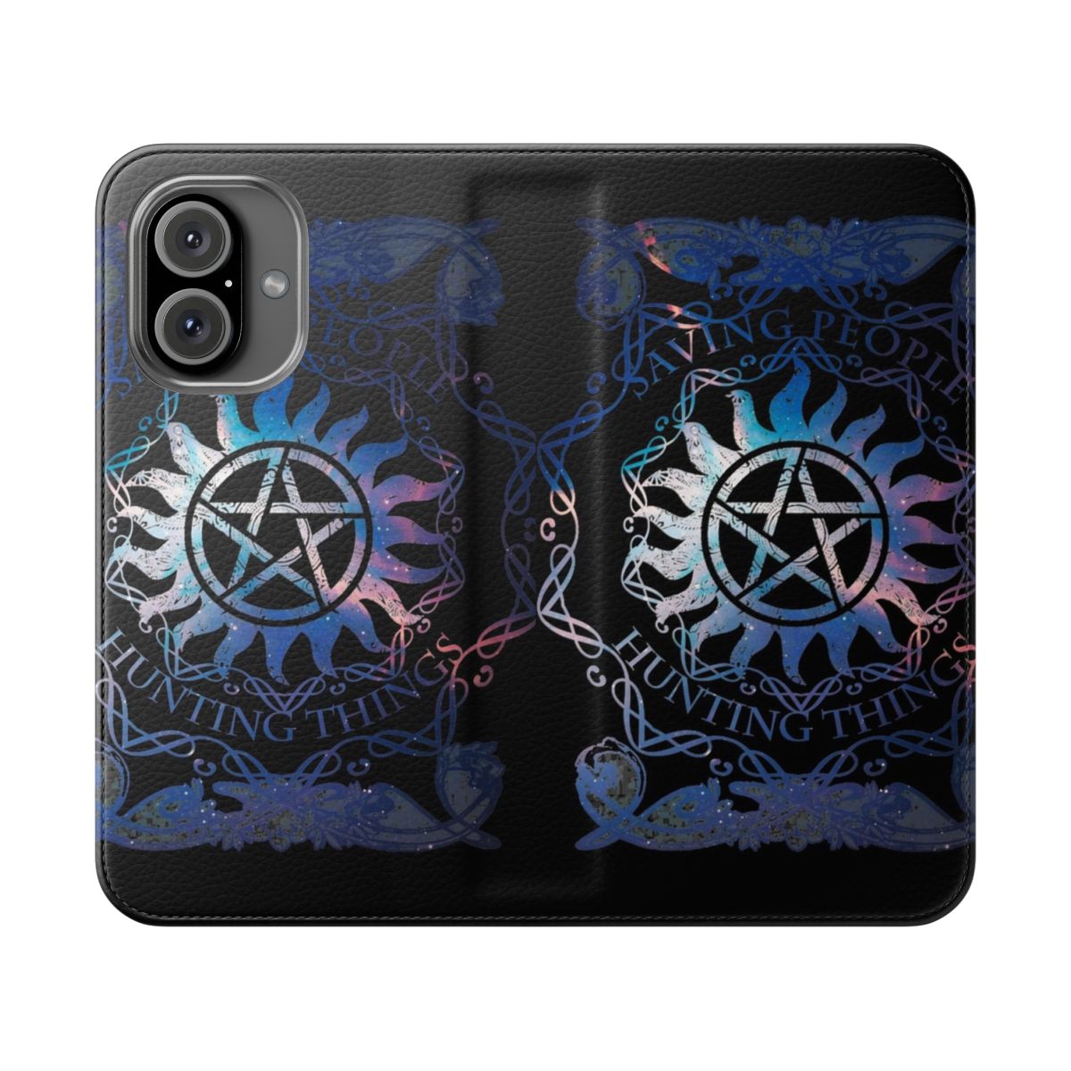 Supernatural-themed phone case with pentagram and anti-possession ward design