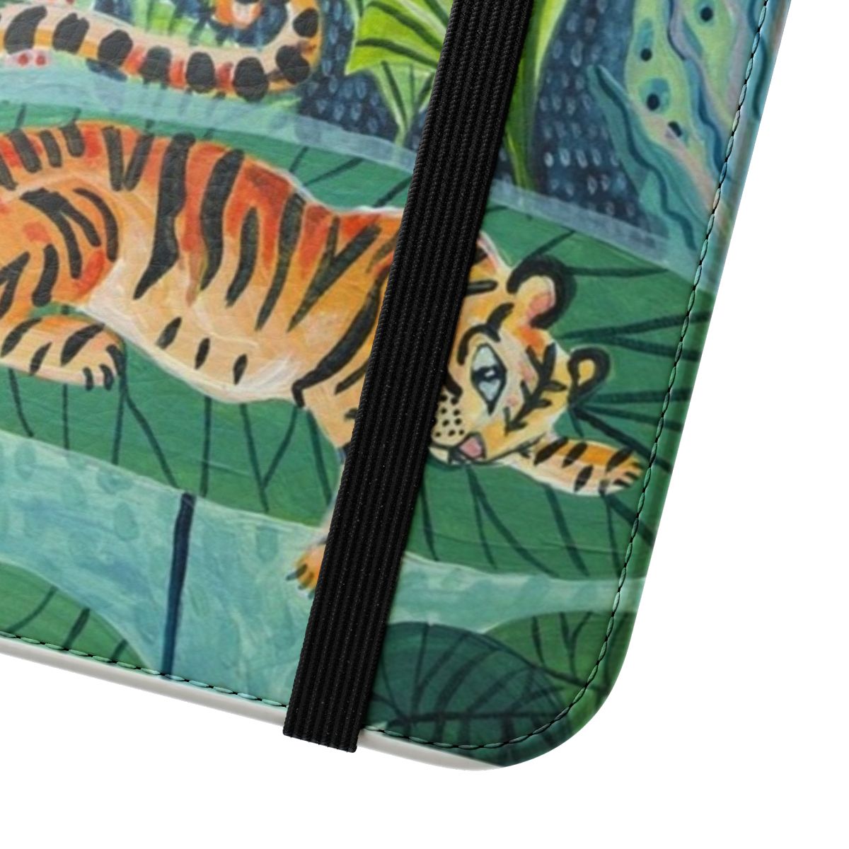 Colorful flip cover phone case with a detailed jungle tiger design - Close Up