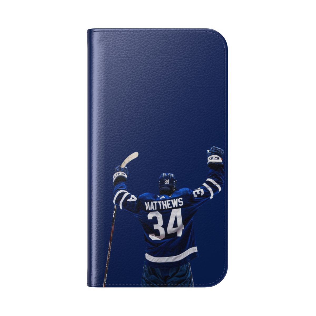 Auston Matthews-inspired hockey phone case with blue and white colors representing the Toronto Maple Leafs. - Folded Back