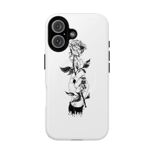 Edgy magnetic tough phone case with Corpse Husband-inspired black and white illustration featuring a rose, spider web, and skull elements.