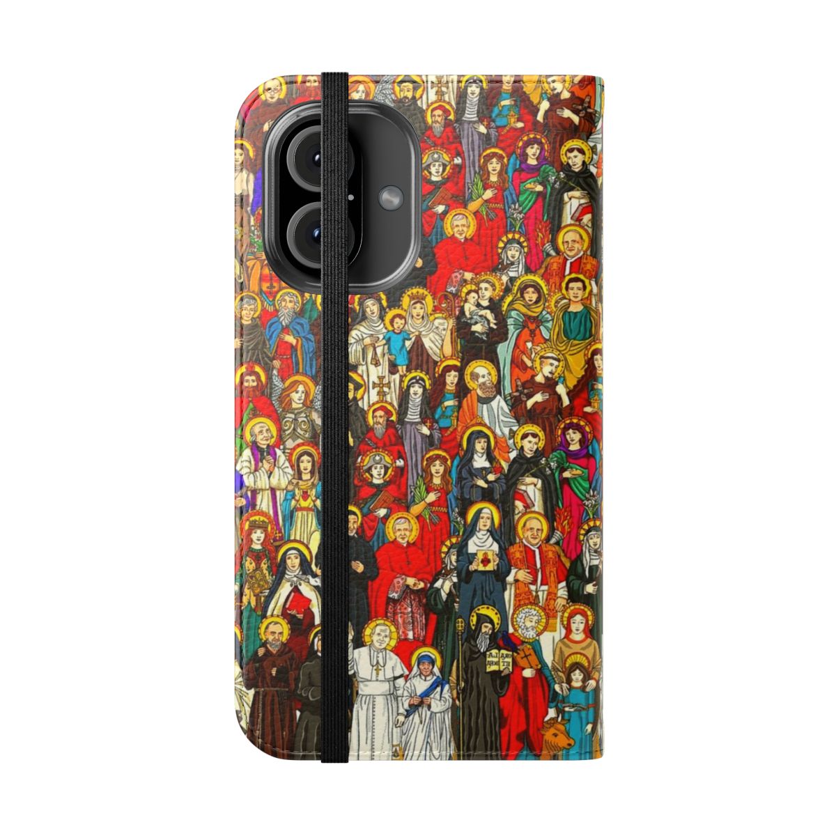 Flip phone case featuring illustrations of Catholic saints, including Padre Pio, Pope John Paul II, St. Francis, and St. Anthony. - Folded Front