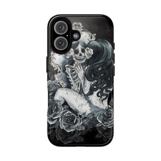 Magnetic tough phone case with a dark, gothic skeleton design