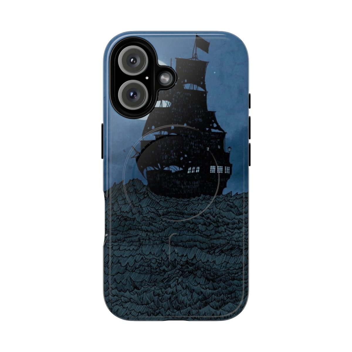 Tough phone case featuring a hand-drawn illustration of a pirate ship sailing under the moon on a calm, blue sea.