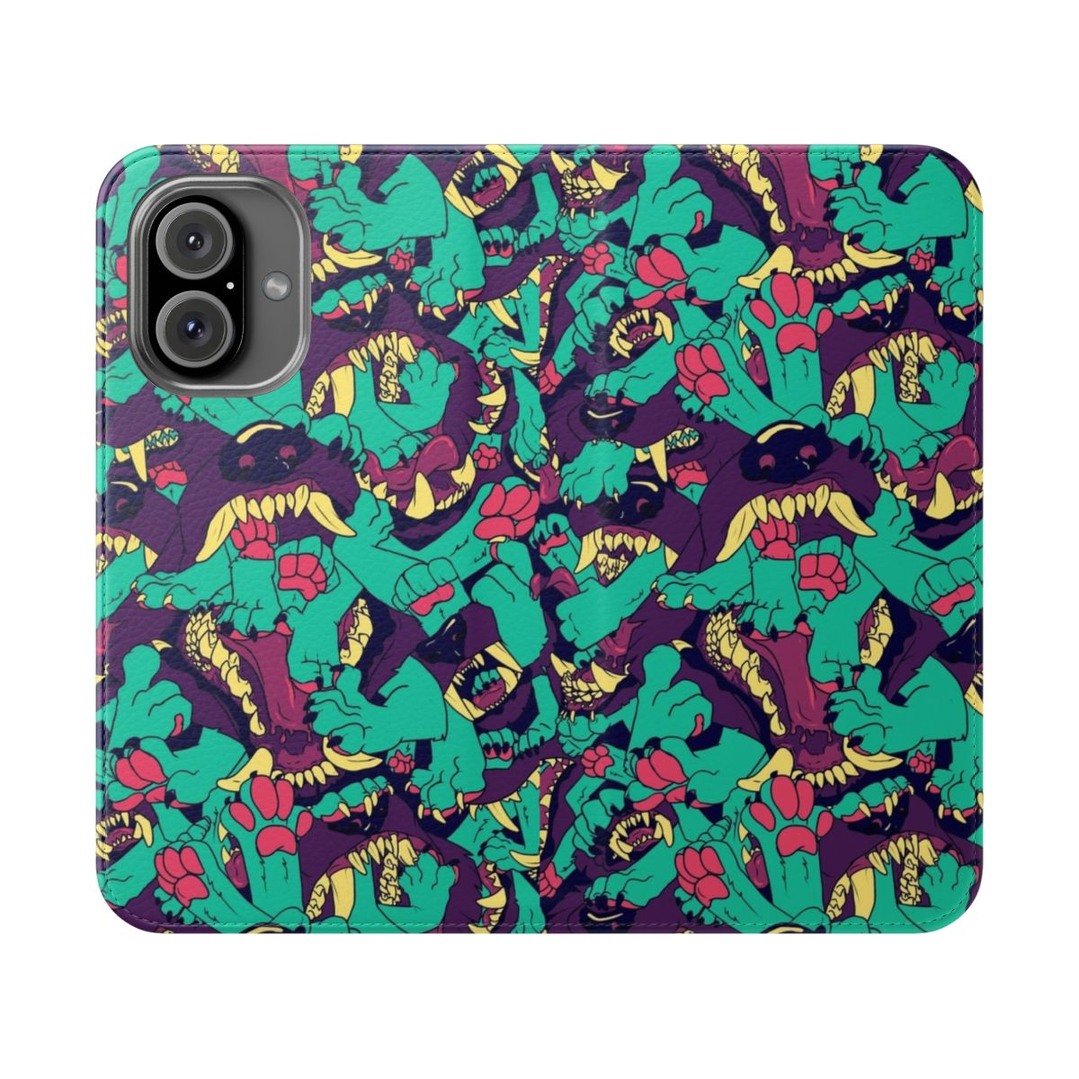 Furry animal print phone case with a playful paws and maws design