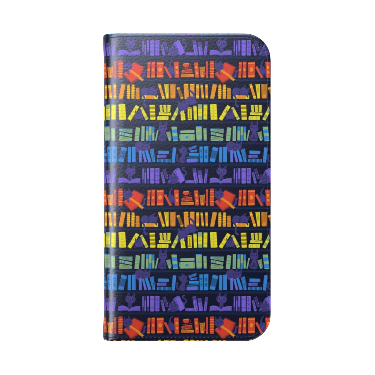 A colorful phone case featuring adorable kittens surrounded by books and a rainbow. - Folded Back