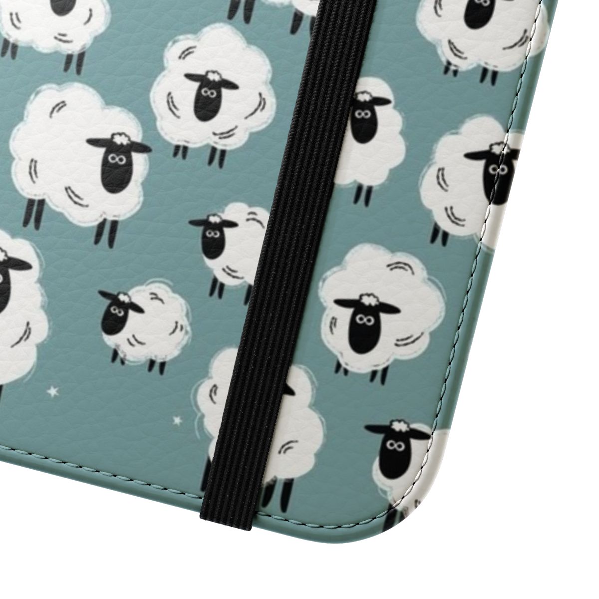 Sheep Flip Cover Phone Case with Flock of Sheep and Counting Sheep Illustration - Close Up