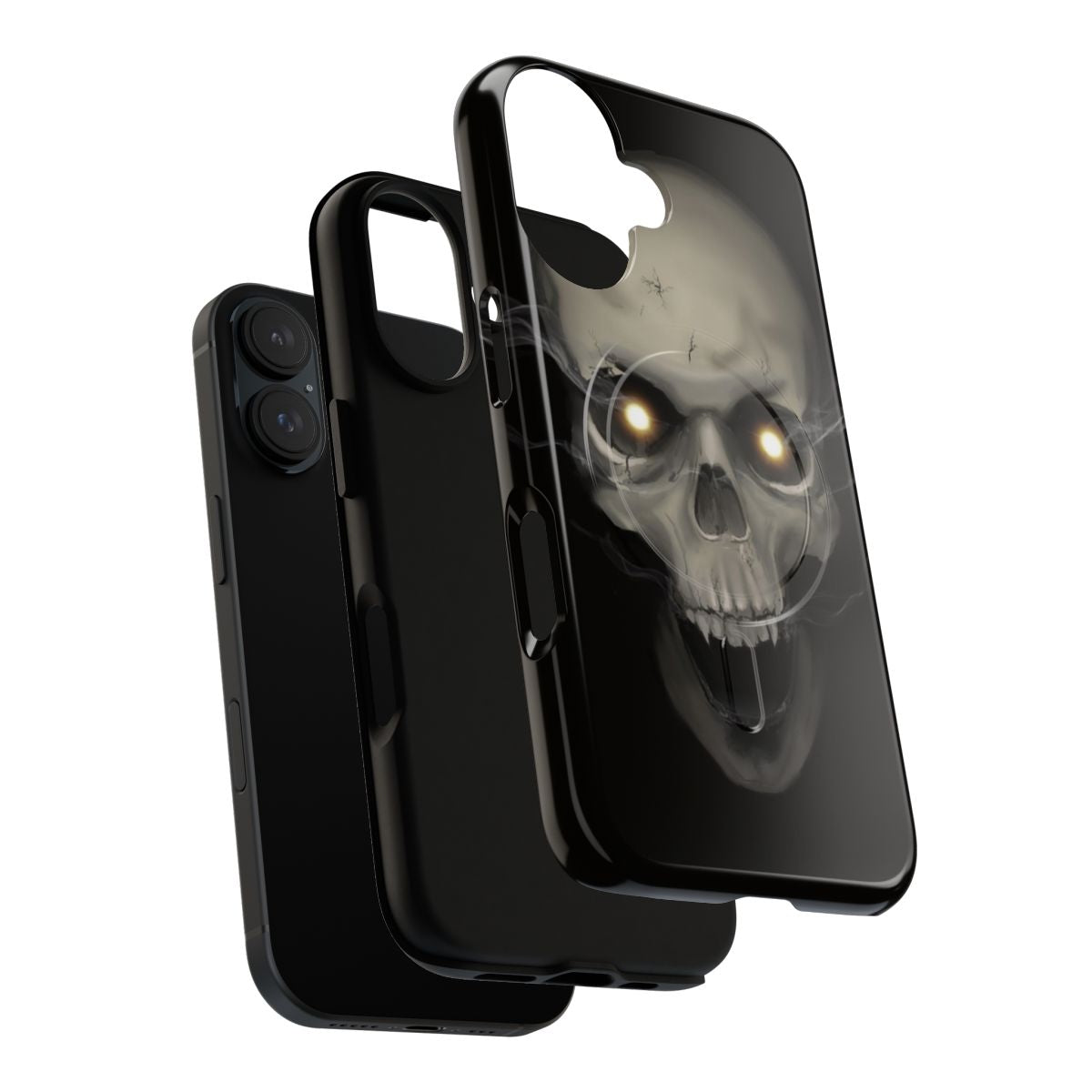 Dark themed phone case featuring a skull with smoke eyes - Layers