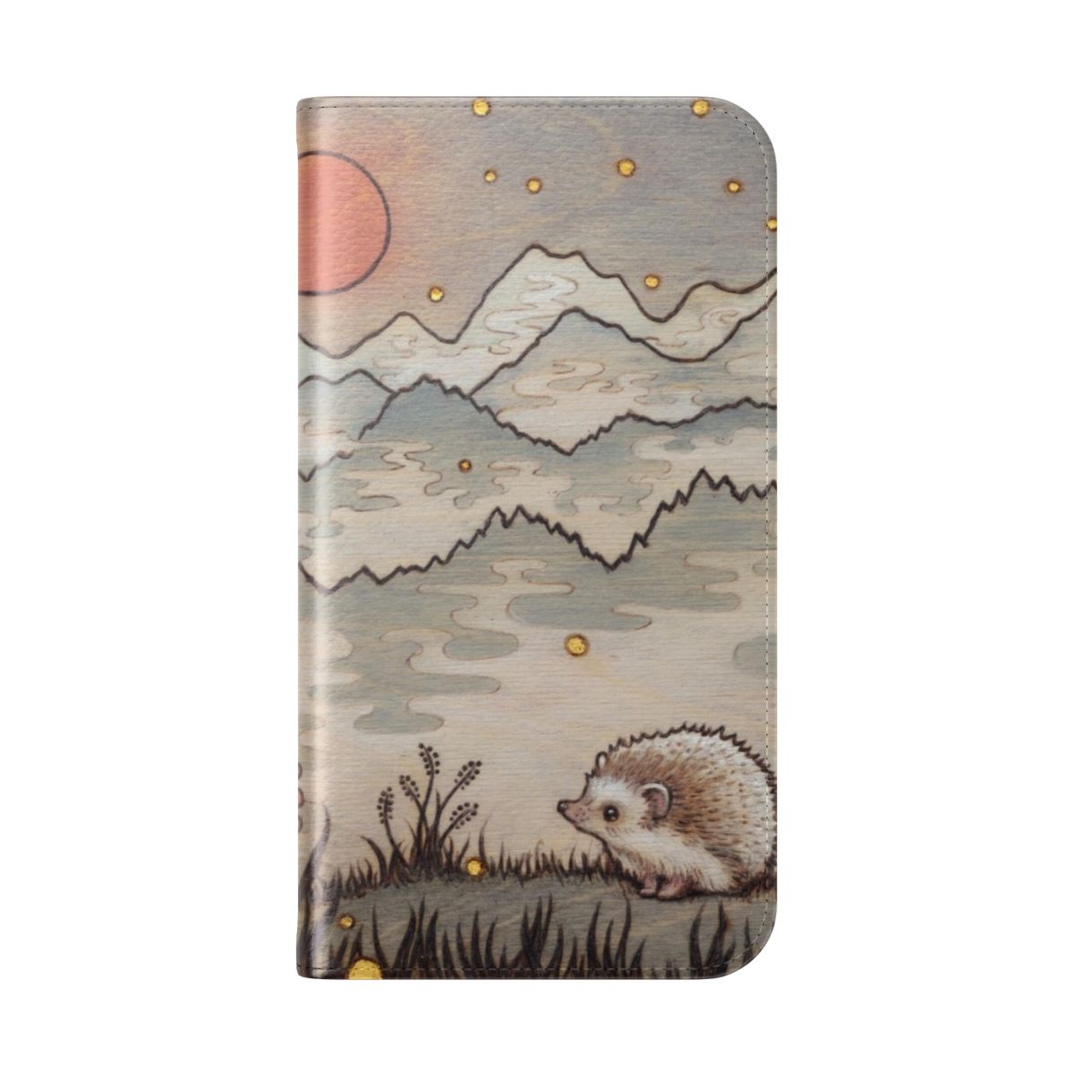 Hedgehog in the Fog-inspired phone case with intricate pyrography design - Folded Back