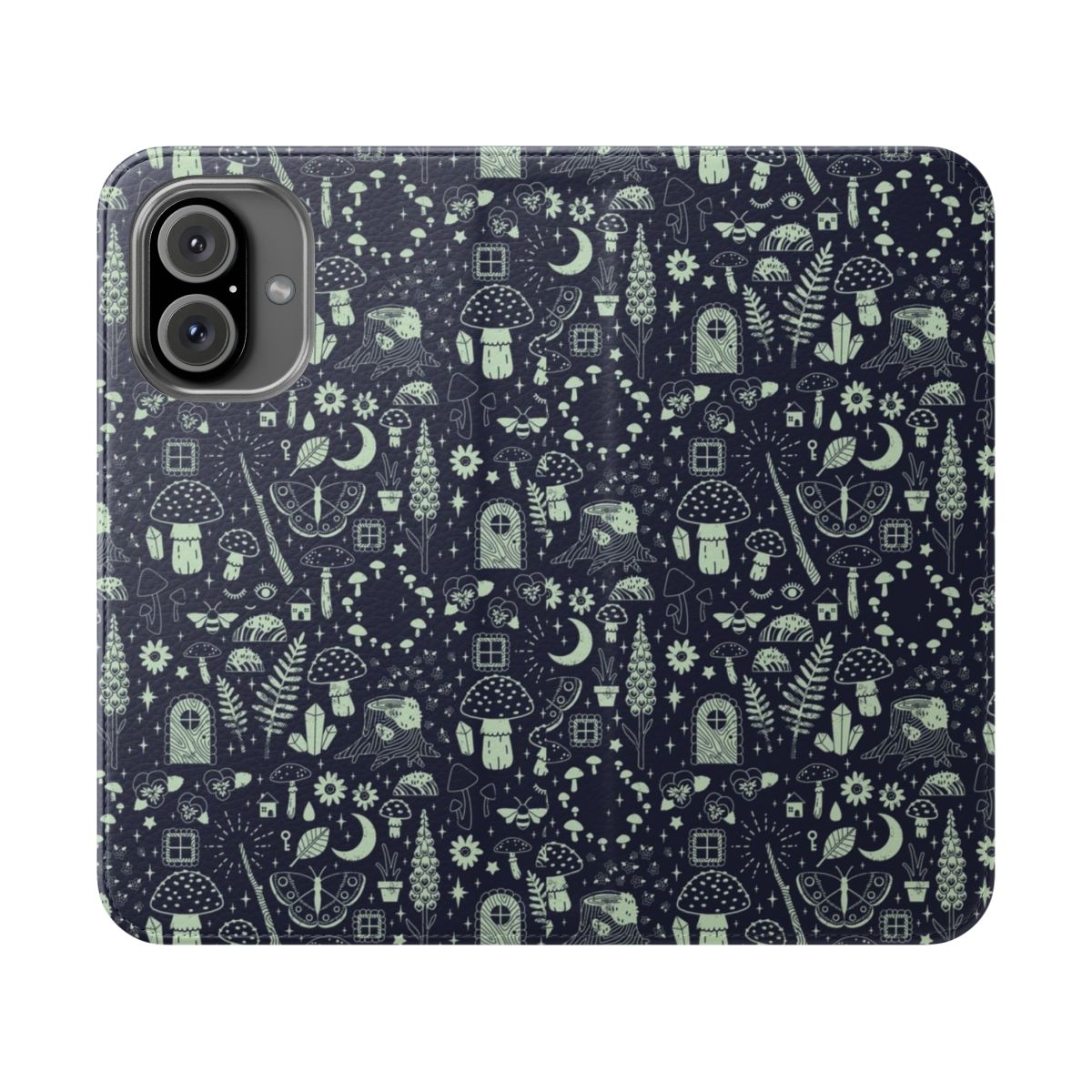 Fairy Garden Midnight Flip Cover Phone Case with Mushrooms, Butterflies, and Flowers