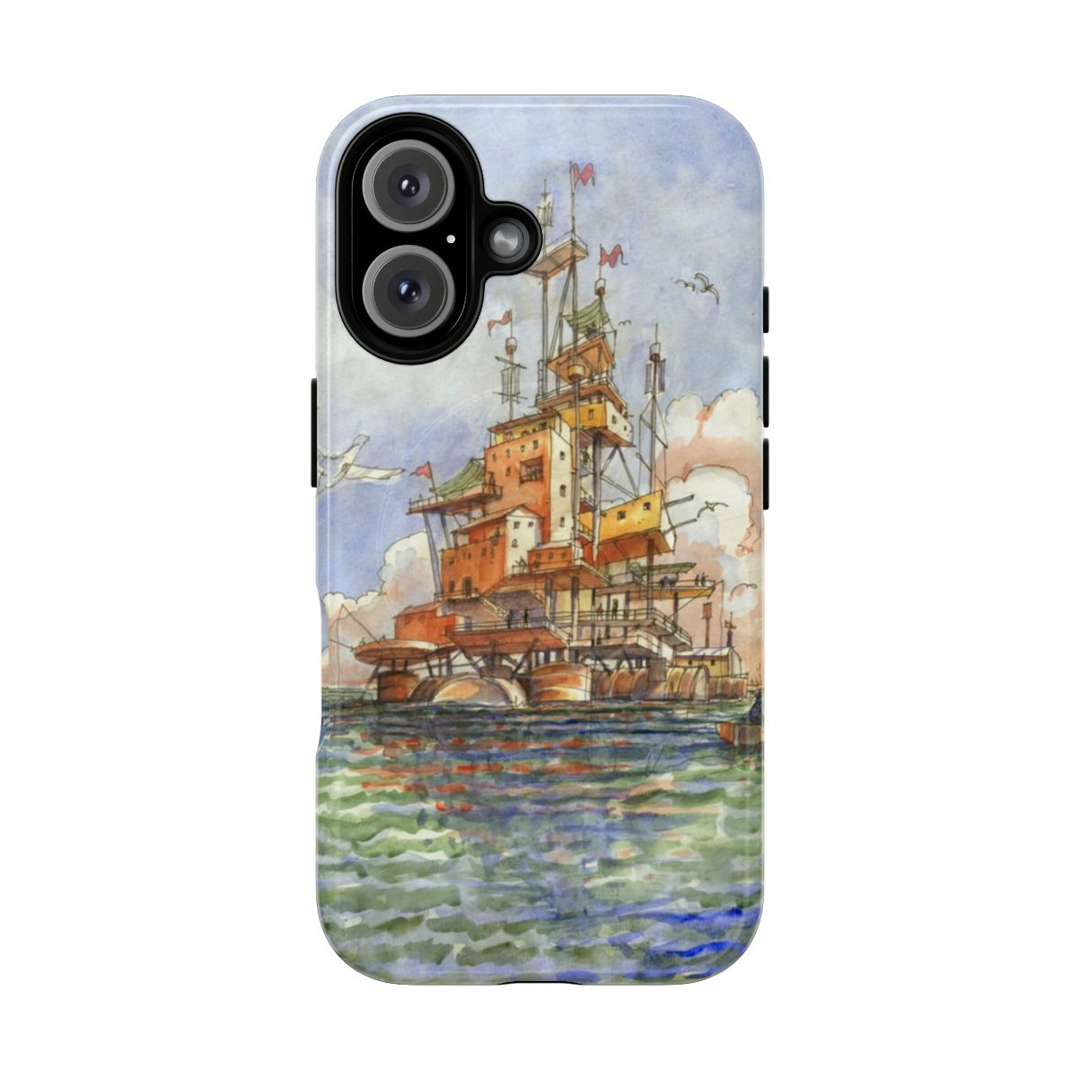 Floating city landscape phone case featuring a sci-fi inspired coastal town