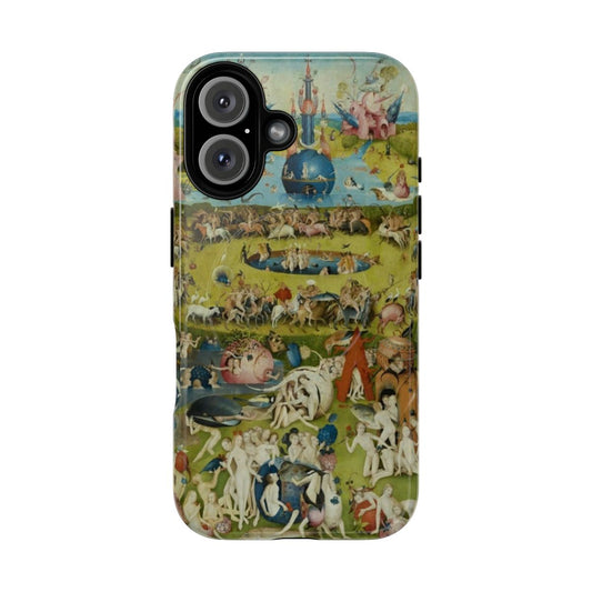 A phone case featuring the famous triptych painting "The Garden of Earthly Delights" by the Dutch Renaissance artist Hieronymus Bosch.