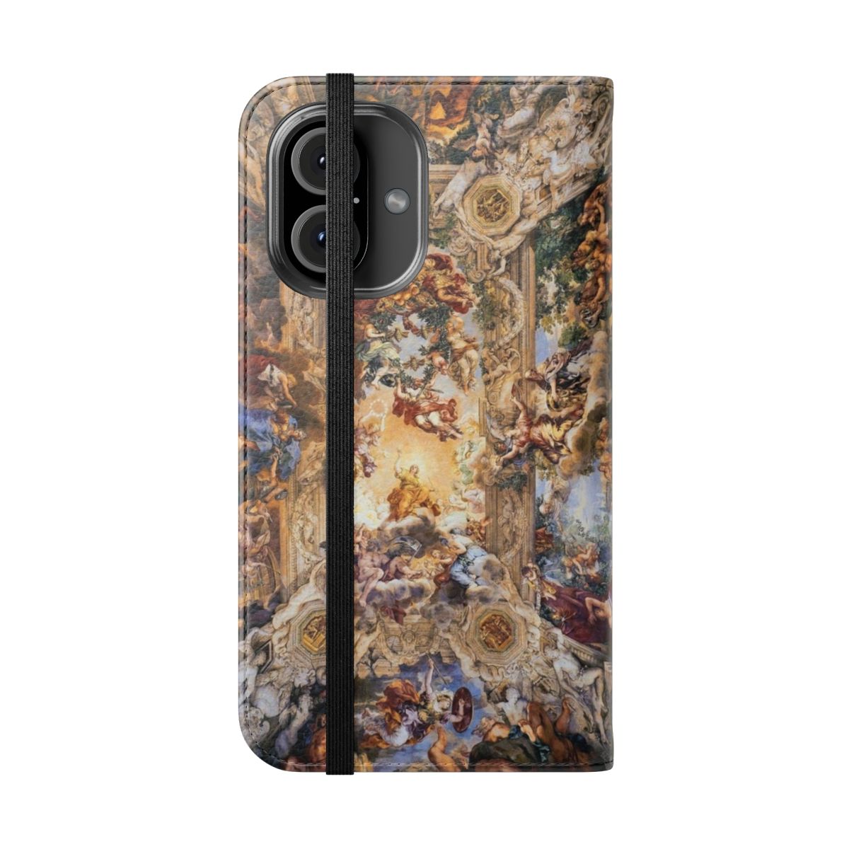 Flip phone case cover with a Renaissance-style painting of gods and angels on a mural or fresco ceiling. - Folded Front