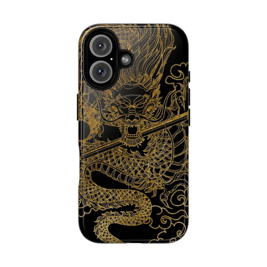 Closeup of a gold Chinese dragon against a black background on a phone case