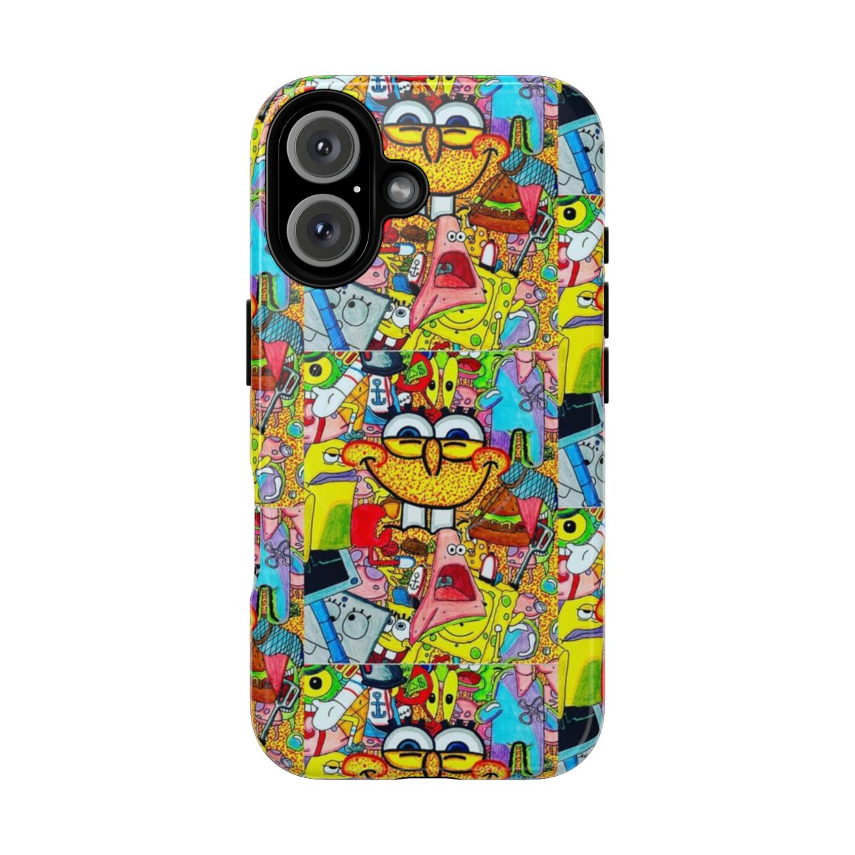 Vibrant Spongebob collage-style artwork on a durable magnetic phone case