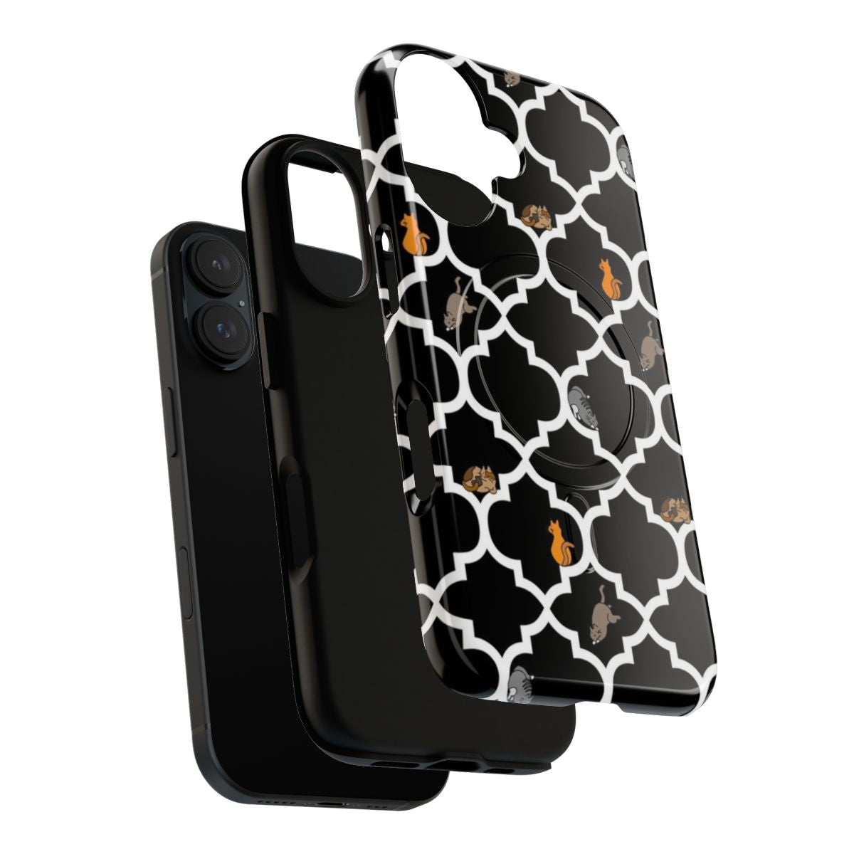 Magnetic black phone case featuring a cute, playful design of cats on a lattice pattern in black and white - Layers