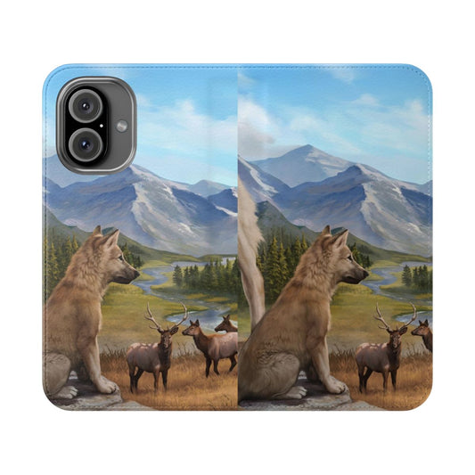 Rustic wolf phone case with nature and mountain pastoral landscape design