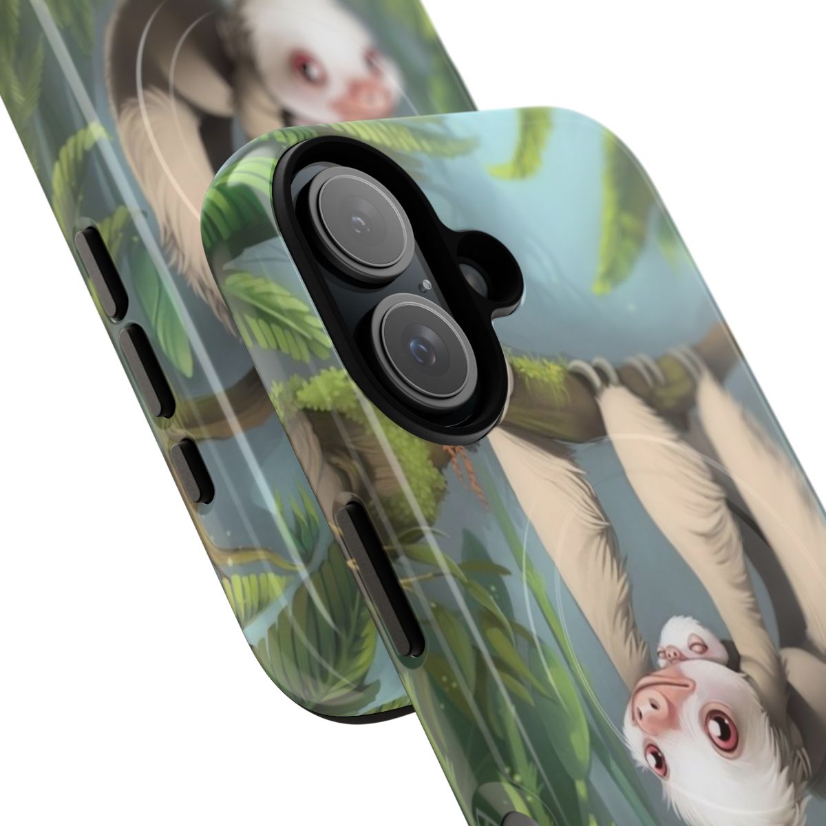 Two-toed sloth and its baby clinging to a phone case - Detail