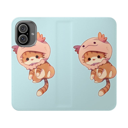 Colorful and playful axolotl themed flip cover phone case with a cute and whimsical design.