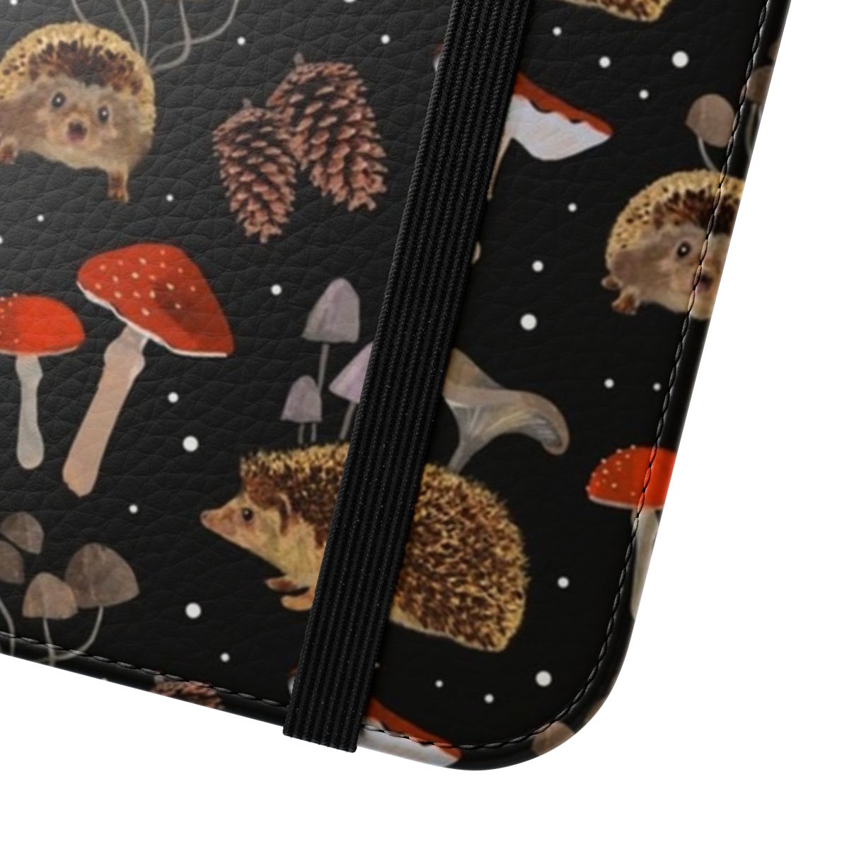 Vibrant watercolor illustration of hedgehogs and mushrooms on an autumn-themed phone case - Close Up