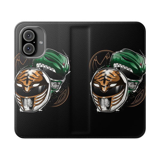 Flip cover phone case featuring a retro-style illustration of the Green Power Ranger, Tommy Oliver