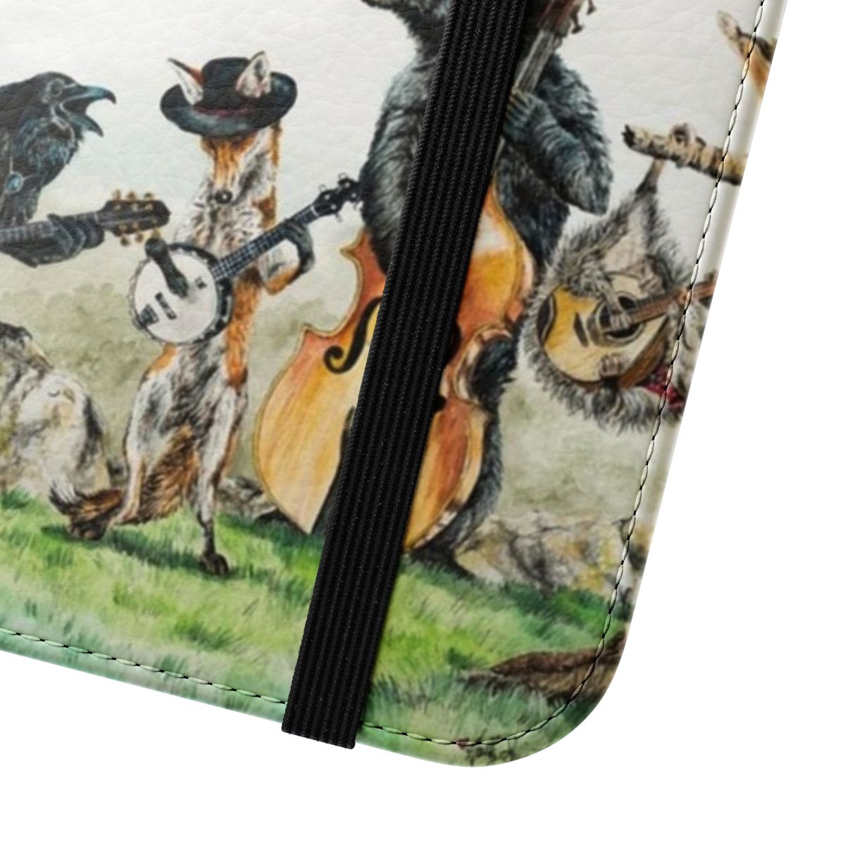 Illustration of various woodland animals and instruments on a phone case design - Close Up