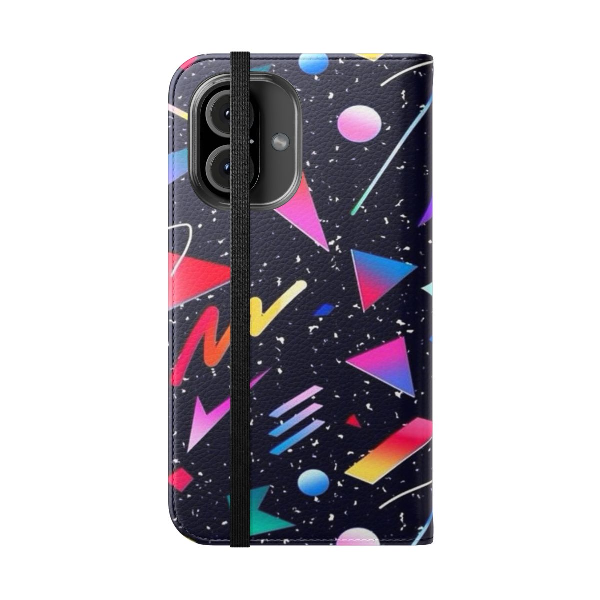 A dark, abstract vaporwave-style graphic featuring bold colors and retro 80s aesthetics on a flip phone case. - Folded Front