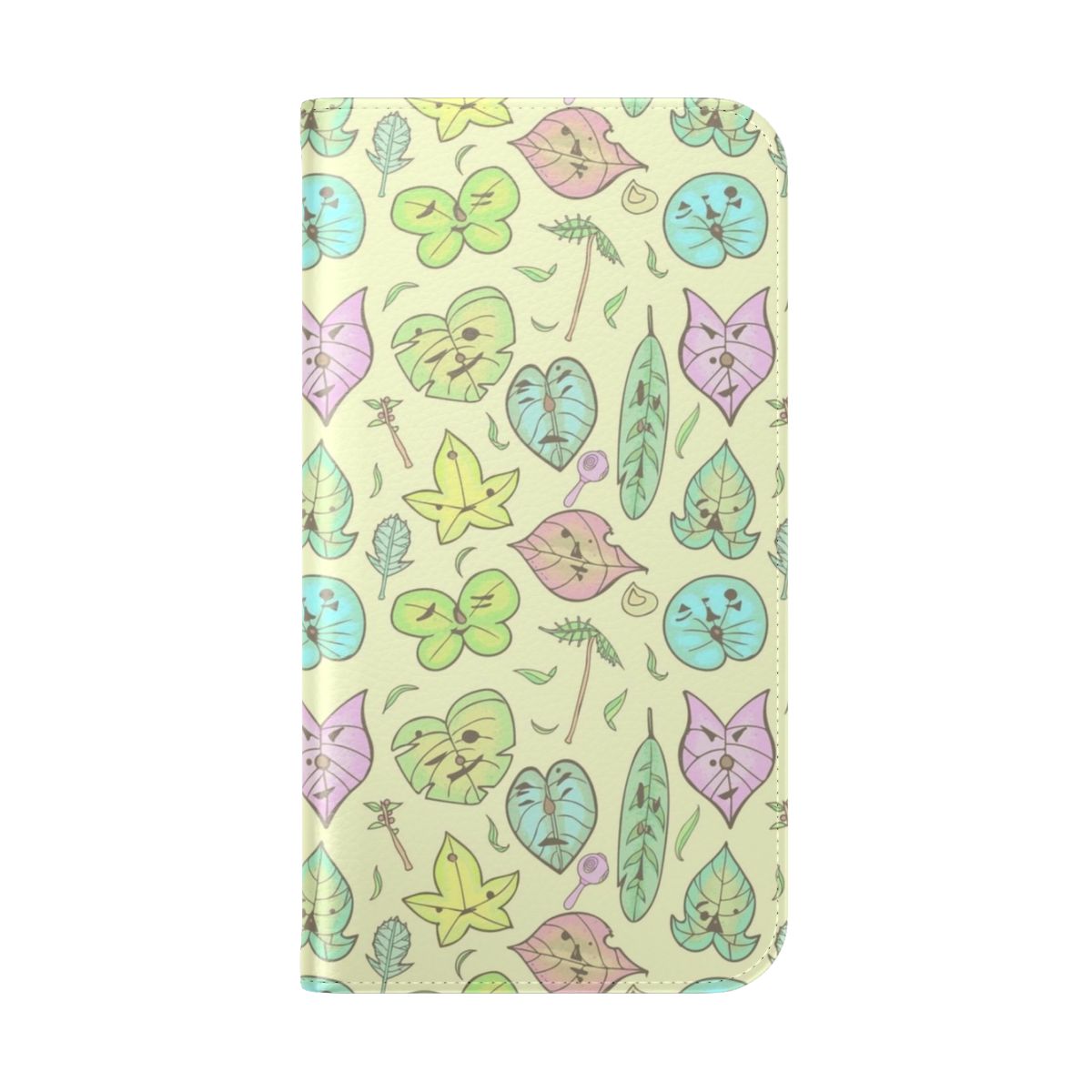 Pastel-colored flip cover phone case featuring Korok characters and designs inspired by The Legend of Zelda series - Folded Back