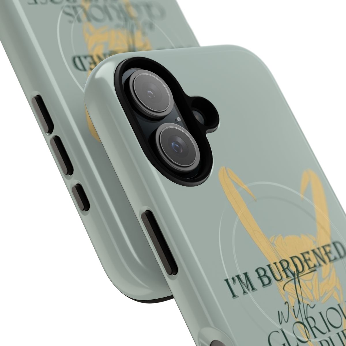 Tough phone case with a Loki-inspired design featuring the quote "I'm burdened with glorious purpose". - Detail