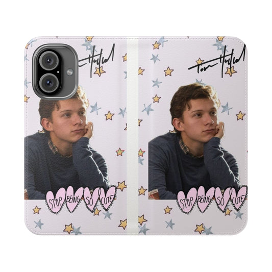 Sleek and stylish flip cover phone case featuring Tom Holland as Spiderman from the Marvel Cinematic Universe.