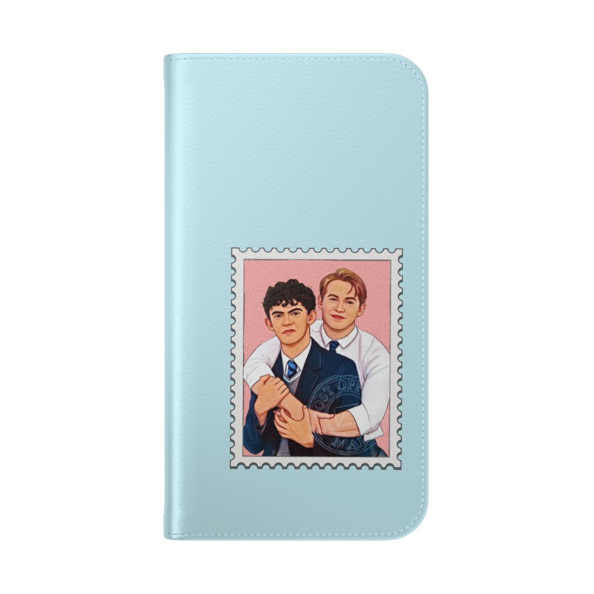 Heartstopper-inspired postage stamp flip phone case featuring characters from the Netflix series - Folded Back