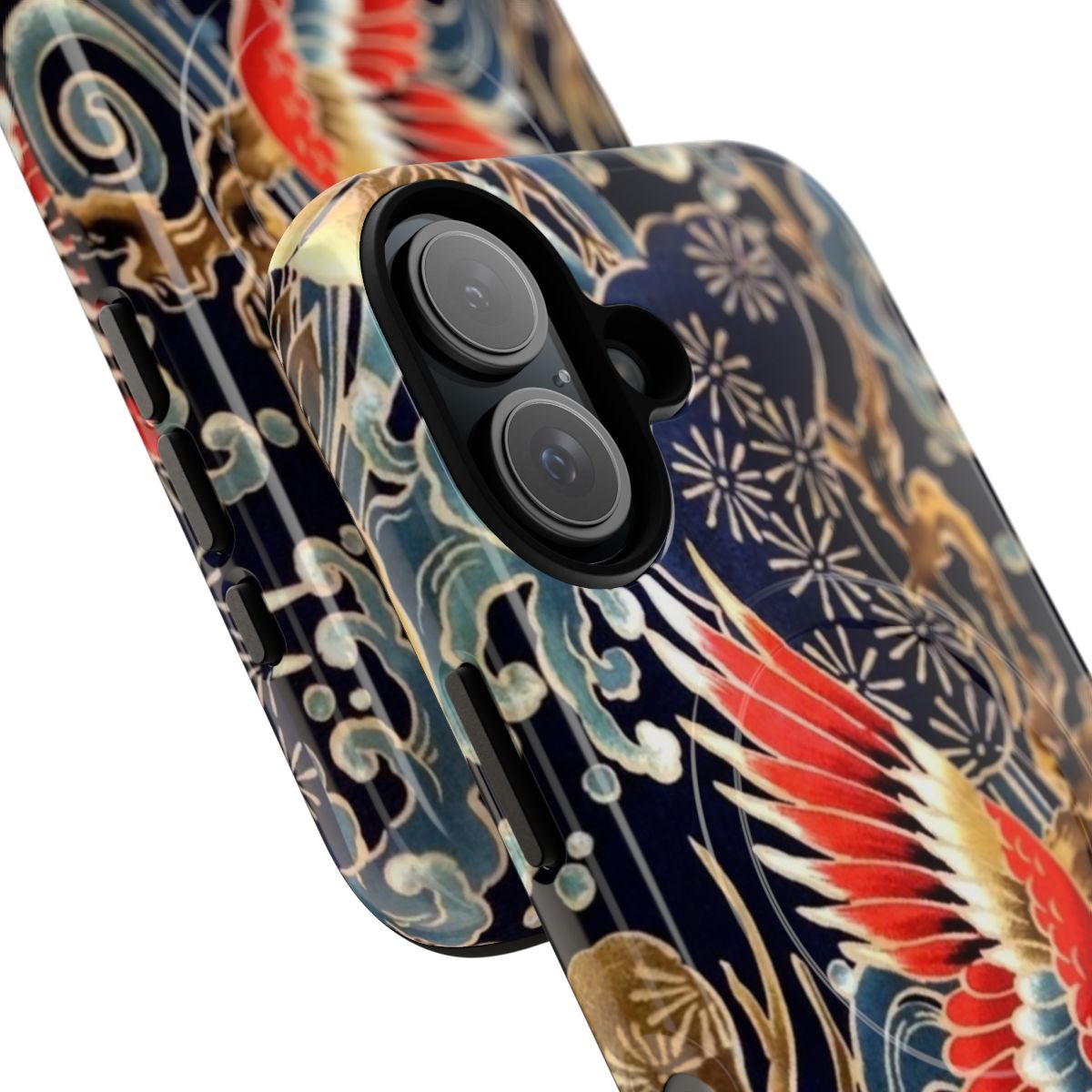 Colorful Japanese-style phone case featuring elegant cranes, floral patterns, and ocean waves in red, navy blue, and white. - Detail