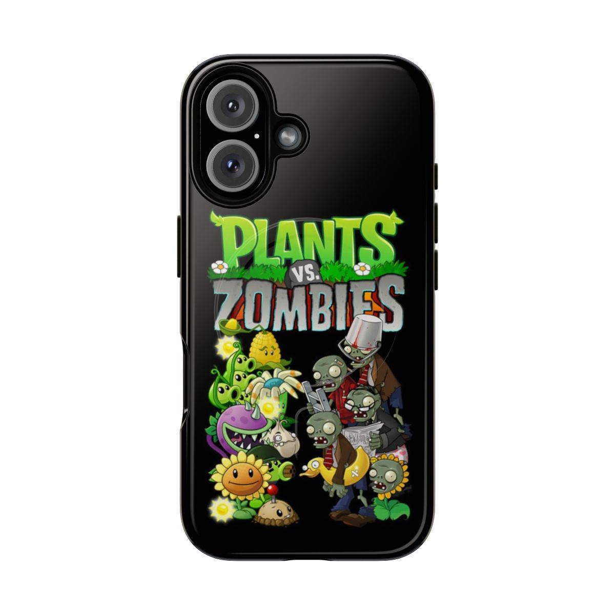 Vibrant and durable Plants VS Zombies-inspired phone case featuring popular characters like Peashooter, Sunflower, and Zombie.