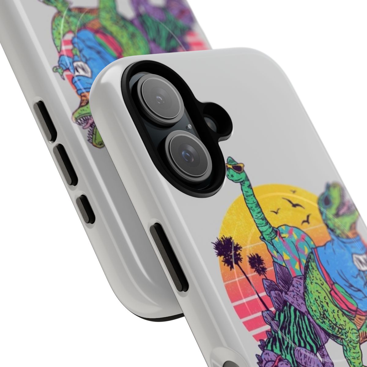 Vibrant phone cases featuring retro dinosaur designs for a cool, 80s-inspired look - Detail