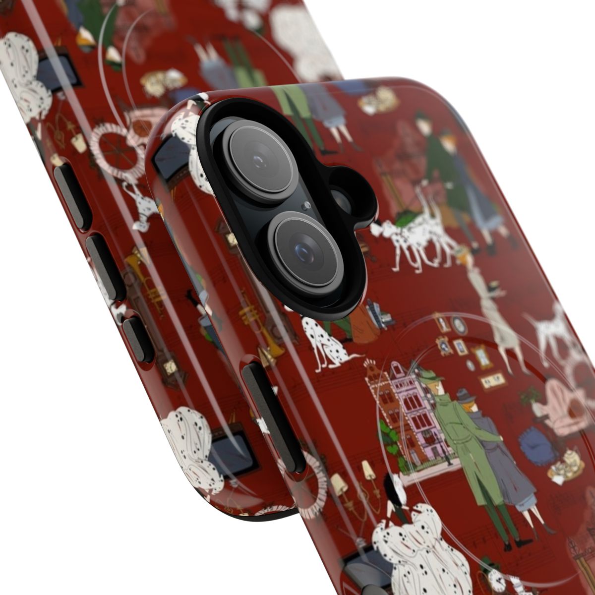 A 101 Dalmatians themed protective phone case with a red puppy pattern design - Detail