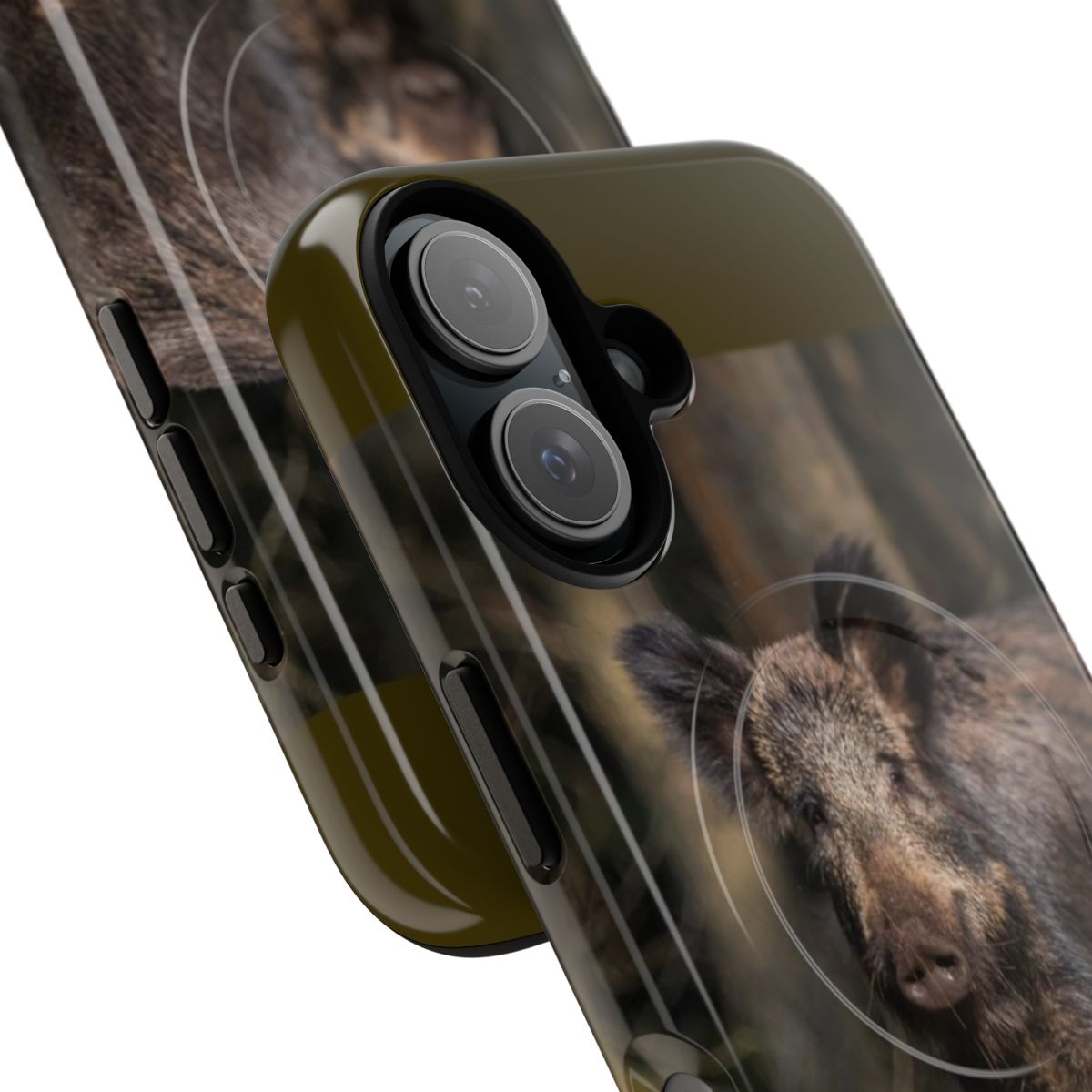 Image of a tough, magnetic phone case featuring a detailed illustration of a wild boar sow. - Detail