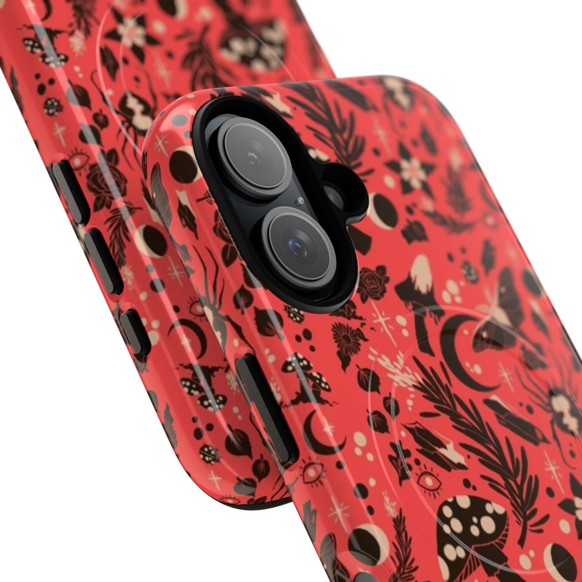 A nature-inspired phone case featuring a whimsical design of forest elements like mushrooms, plants, and moths. - Detail