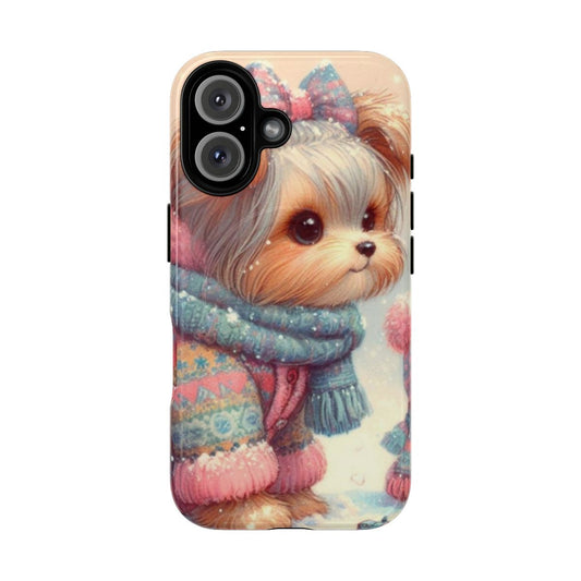 Adorable Yorkshire Terrier puppy wearing a cozy sweater in a winter wonderland setting on a magnetic phone case.