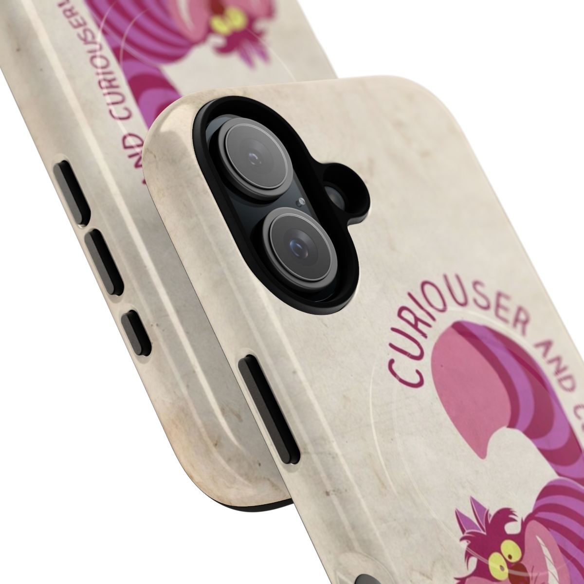 Retro-style Alice in Wonderland Cheshire Cat phone case with magnetic closure and tough design - Detail