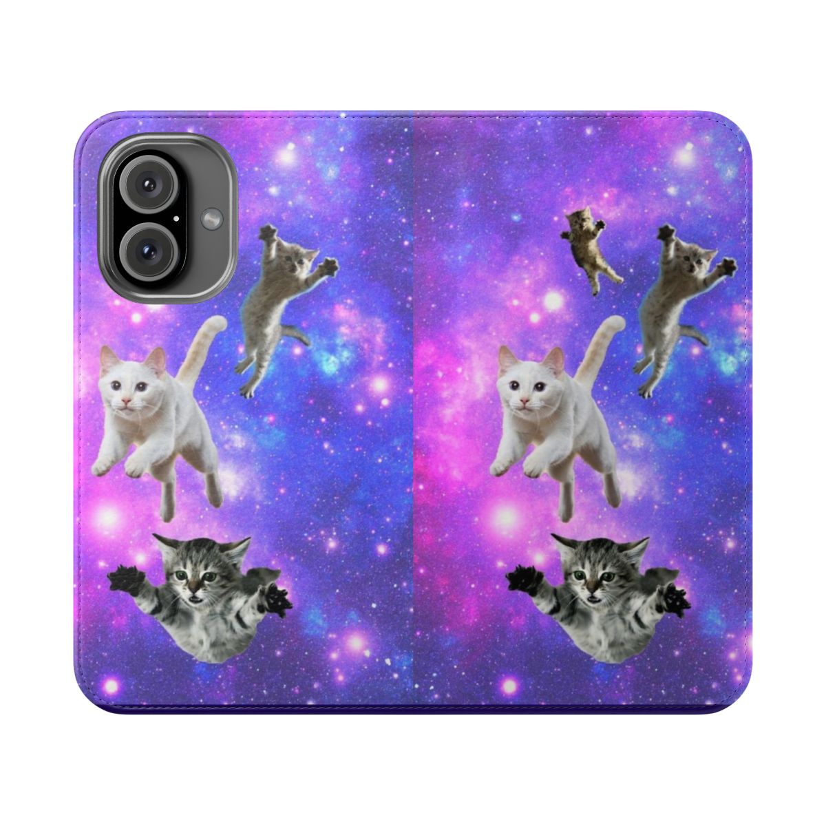 Flip phone case with a whimsical space cat design